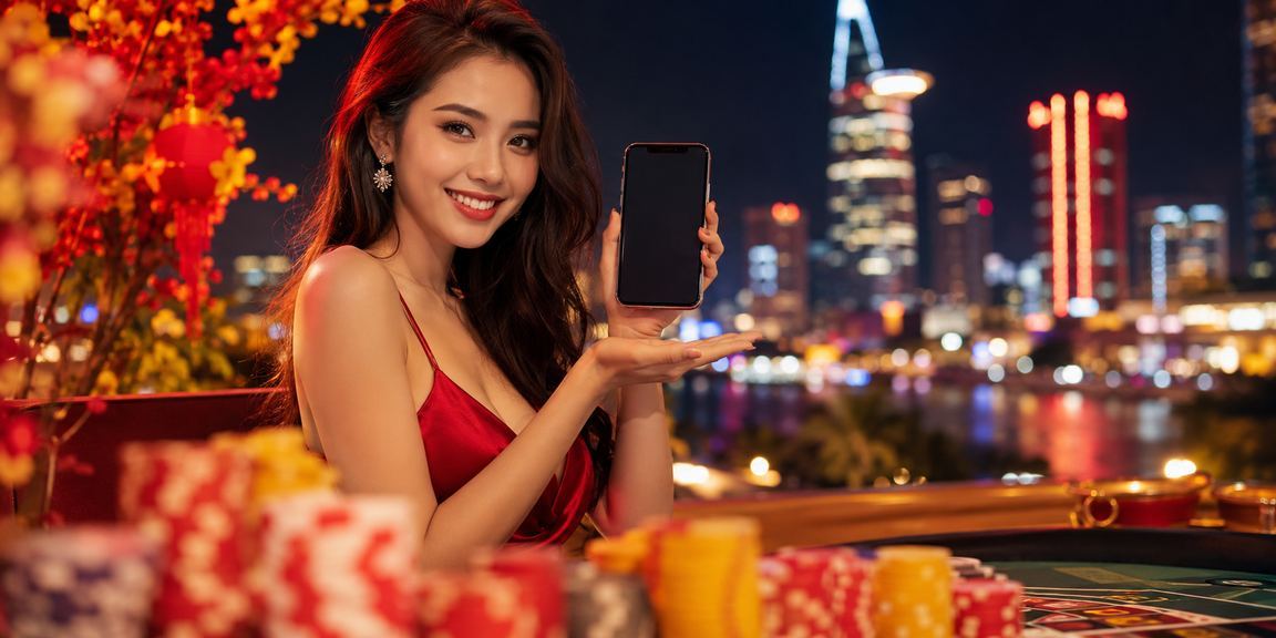 Người dùng tại TP. Hồ Chí Minh trải nghiệm casino trực tuyến trên điện thoại di động dưới ánh đèn neon về đêm