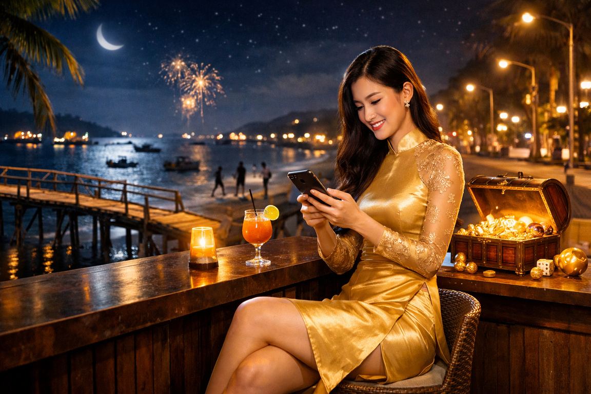 Người dùng truy cập casino trực tuyến trên điện thoại tại bãi biển Mũi Né